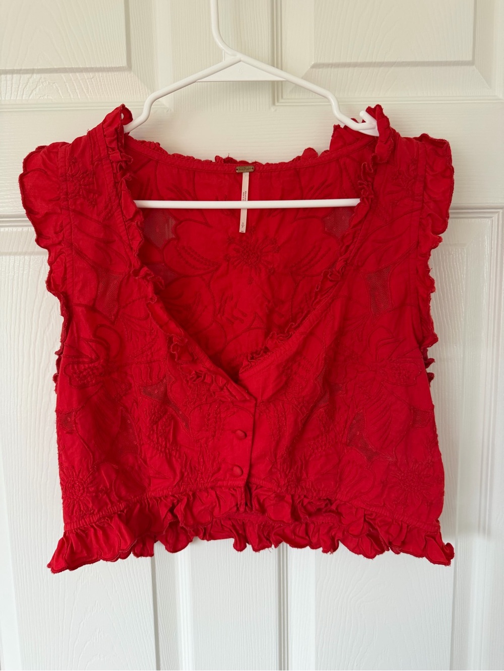 Free People All the Ways Red Floral Embroidered Ruffle Crop Top
